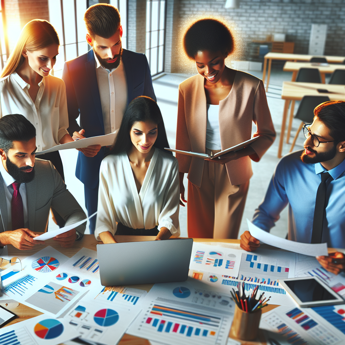 A diverse group of sales professionals working together in a modern office setting.