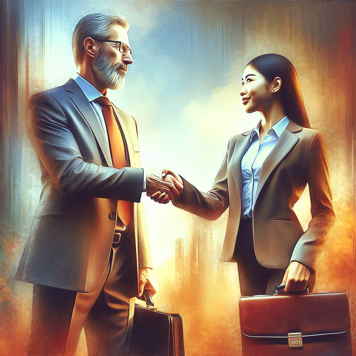 Mentorship in the Sales Industry: An experienced sales professional, a middle-aged Caucasian male, is shaking hands with a younger, enthusiastic South Asian female hire. The mentor exudes confidence while the new hire displays an eager-to-learn attitude.